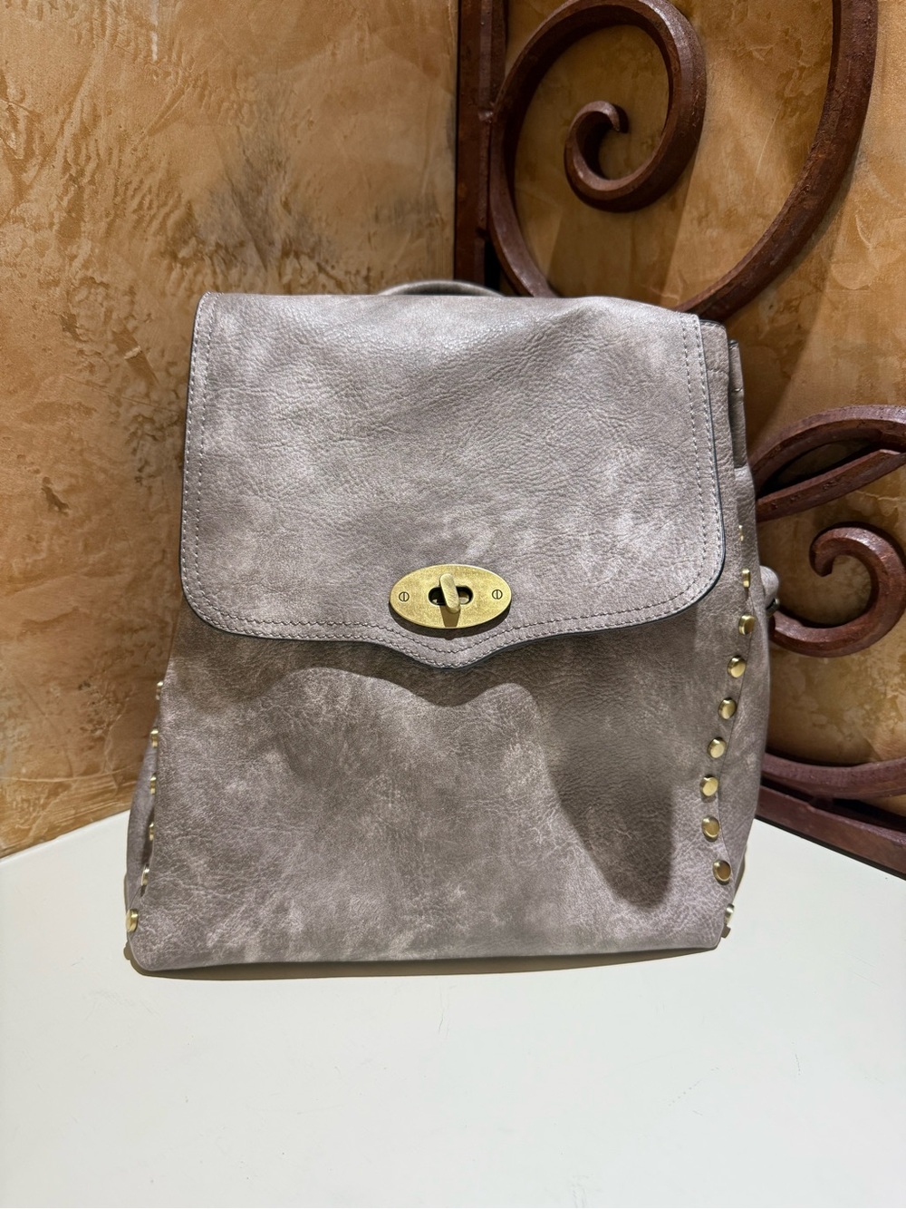 Taupe Faux-Leather Studded Backpack with Gold Turn-Lock